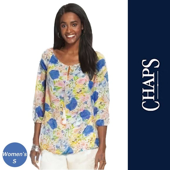 Chaps Tassel Pleated Peasant Tunic Top Belize S - Picture 1 of 10